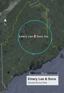 Map of Maine showing a 60 mile radius